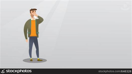 Young caucasian man blowing his nose to a paper napkin. Sick hipster man sneezing. Unwell man having an allergy and blowing his nose to a tissue. Vector flat design illustration. Horizontal layout.. Young caucasian sick man sneezing.