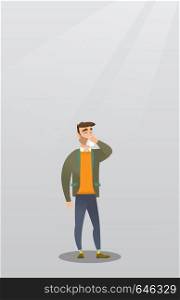 Young caucasian man blowing his nose to a paper napkin. Sick hipster man sneezing. Unwell man having an allergy and blowing his nose to a tissue. Vector flat design illustration. Vertical layout.. Young caucasian sick man sneezing.