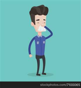Young caucasian man blowing his nose to paper napkin. Sick man sneezing. Unwell man having an allergy and blowing his nose to a tissue. Vector flat design illustration. Square layout.. Young caucasian sick man sneezing.