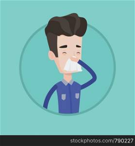 Young caucasian man blowing his nose to paper napkin. Sick man sneezing. Man having an allergy and blowing his nose to a tissue. Vector flat design illustration in the circle isolated on background.. Young caucasian sick man sneezing.