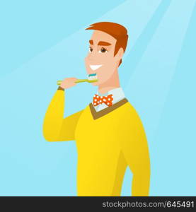 Young caucasian man brushing his teeth. Smiling man cleaning his teeth. Cheerful man taking care of his teeth. Happy guy with a toothbrush in hand. Vector flat design illustration. Square layout.. Man brushing her teeth vector illustration.