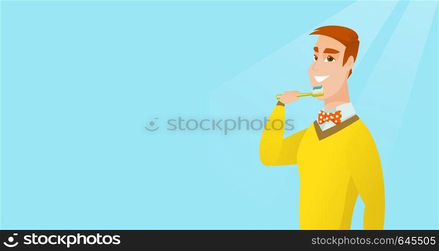 Young caucasian man brushing his teeth. Smiling man cleaning his teeth. Cheerful man taking care of his teeth. Happy guy with a toothbrush in hand. Vector flat design illustration. Horizontal layout.. Man brushing her teeth vector illustration.