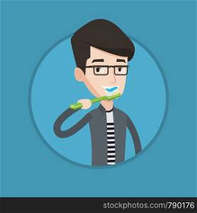 Young caucasian man brushing his teeth. Smiling man cleaning teeth. Guy taking care of her teeth. Man with toothbrush in hand. Vector flat design illustration in the circle isolated on background.. Man brushing his teeth vector illustration.