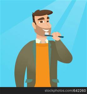 Young caucasian man brushing teeth. Smiling hipster man with beard cleaning teeth. Man with a toothbrush in hand. Dentistry and tooth care concept. Vector flat design illustration. Square layout.. Man brushing teeth vector illustration.