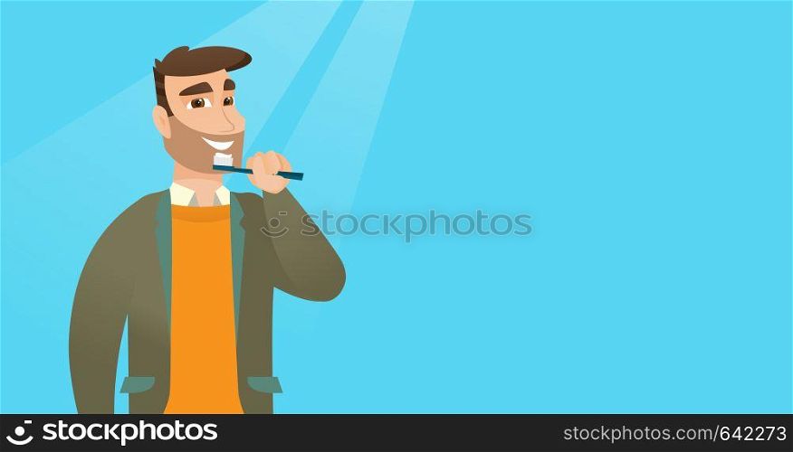 Young caucasian man brushing teeth. Smiling hipster man with beard cleaning teeth. Man with a toothbrush in hand. Dentistry and tooth care concept. Vector flat design illustration. Horizontal layout.. Man brushing teeth vector illustration.