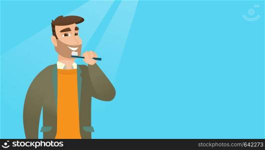 Young caucasian man brushing teeth. Smiling hipster man with beard cleaning teeth. Man with a toothbrush in hand. Dentistry and tooth care concept. Vector flat design illustration. Horizontal layout.. Man brushing teeth vector illustration.