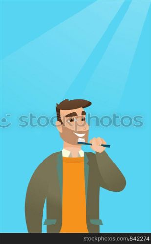 Young caucasian man brushing teeth. Smiling hipster man with beard cleaning teeth. Man with a toothbrush in hand. Dentistry and tooth care concept. Vector flat design illustration. Vertical layout.. Man brushing teeth vector illustration.