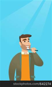 Young caucasian man brushing teeth. Smiling hipster man with beard cleaning teeth. Man with a toothbrush in hand. Dentistry and tooth care concept. Vector flat design illustration. Vertical layout.. Man brushing teeth vector illustration.