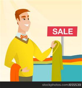 Young caucasian man buying clothes in the store on sale. Man choosing clothes in the shop on sale. Cheerful man shopping in the clothing shop on sale. Vector flat design illustration. Square layout.. Young man choosing clothes in the shop on sale.