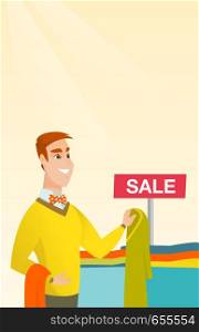 Young caucasian man buying clothes in the store on sale. Man choosing clothes in the shop on sale. Cheerful man shopping in the clothing shop on sale. Vector flat design illustration. Vertical layout.. Young man choosing clothes in the shop on sale.