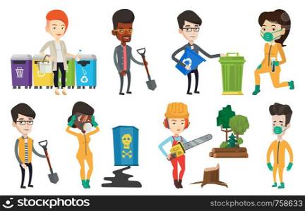 Young caucasian man carrying recycling bin. Man holding recycling bin while standing near a trash can. Waste recycling concept. Set of vector flat design illustrations isolated on white background.. Vector set of characters on ecology issues.