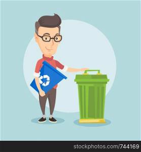 Young caucasian man carrying recycling bin. Smiling man holding recycling bin while standing near a trash can. Waste recycling concept. Vector flat design illustration. Square layout.. Man with recycle bin and trash can.