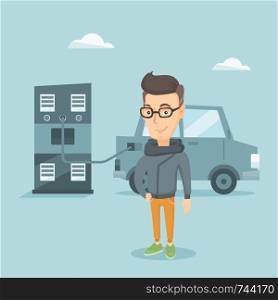 Young caucasian man charging electric car at charging station. Man standing near power supply for electric car. Charging of electric car. Vector flat design illustration. Square layout.. Charging of electric car vector illustration.