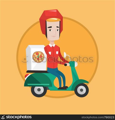 Young caucasian man delivering pizza on scooter. Young courier driving a scooter and delivering pizza. Concept of food delivery. Vector flat design illustration in the circle isolated on background.. Man delivering pizza on scooter.