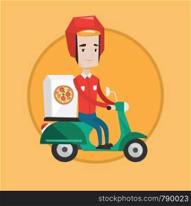 Young caucasian man delivering pizza on scooter. Young courier driving a scooter and delivering pizza. Concept of food delivery. Vector flat design illustration in the circle isolated on background.. Man delivering pizza on scooter.