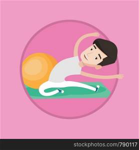 Young caucasian man doing stretching on exercise mat. Sportsman stretching before training. Sportsman doing stretching exercises. Vector flat design illustration in the circle isolated on background.. Young man exercising with fitball.