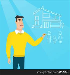 Young caucasian man drawing family house. Cheerful man drawing house with a family. Happy man dreaming about future life in a new family house. Vector flat design illustration. Square layout. Young man drawing his family house.