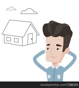 Young caucasian man dreaming about buying a new house. Man planning his future buy of new house. Man thinking about buying a house. Vector flat design illustration isolated on white background.. Man dreaming about buying new house.