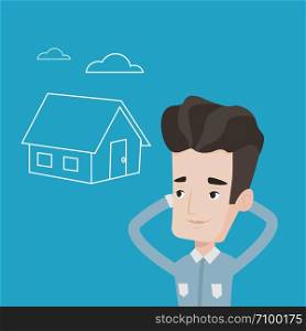 Young caucasian man dreaming about future life in a new house. Smiling man planning his future purchase of house. Man thinking about buying a house. Vector flat design illustration. Square layout.. Man dreaming about buying new house.