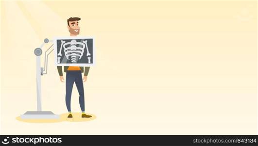 Young caucasian man during chest x ray procedure. Smiling hipster man with a x ray screen showing skeleton. Happy patient visiting a roentgenologist. Vector flat design illustration. Horizontal layout. Patient during x ray procedure vector illustration
