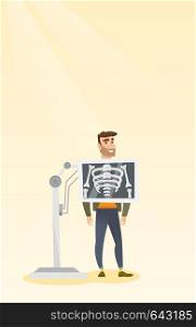 Young caucasian man during chest x ray procedure. Smiling hipster man with a x ray screen showing skeleton. Happy patient visiting a roentgenologist. Vector flat design illustration. Vertical layout.. Patient during x ray procedure vector illustration