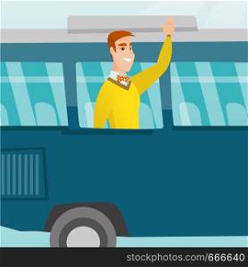Young caucasian man enjoying his trip by bus. Happy passenger waving hand from bus window. Cheerful tourist peeking out of bus window and waving hand. Vector cartoon illustration. Square layout.. Young caucasian man waving hand from bus window.