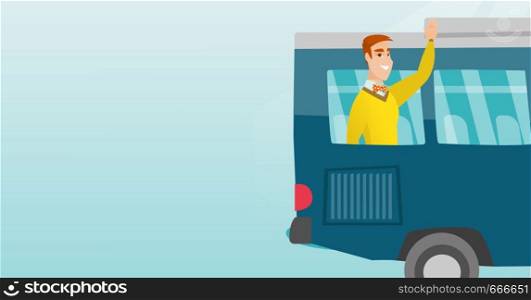 Young caucasian man enjoying his trip by bus. Happy passenger waving hand from bus window. Cheerful tourist peeking out of bus window and waving hand. Vector cartoon illustration. Horizontal layout.. Young caucasian man waving hand from bus window.