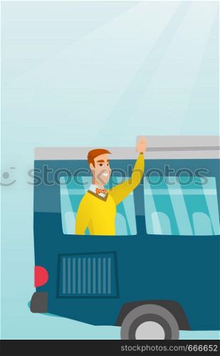 Young caucasian man enjoying his trip by bus. Happy passenger waving hand from bus window. Cheerful tourist peeking out of bus window and waving hand. Vector cartoon illustration. Vertical layout.. Young caucasian man waving hand from bus window.
