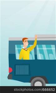 Young caucasian man enjoying his trip by bus. Happy passenger waving hand from bus window. Cheerful tourist peeking out of bus window and waving hand. Vector cartoon illustration. Vertical layout.. Young caucasian man waving hand from bus window.