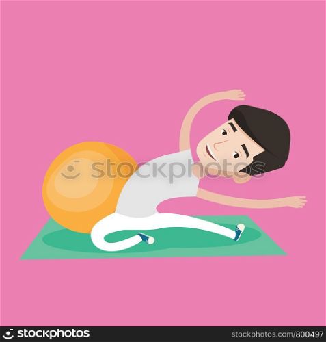 Young caucasian man exercising in the gym. Man doing stretching on exercise mat. Sportsman stretching before training. Man doing stretching exercises. Vector flat design illustration. Square layout. Young man exercising with fitball.