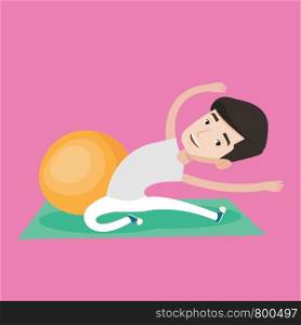 Young caucasian man exercising in the gym. Man doing stretching on exercise mat. Sportsman stretching before training. Man doing stretching exercises. Vector flat design illustration. Square layout. Young man exercising with fitball.