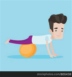 Young caucasian man exercising with fit ball. Sportsman training triceps and biceps while doing push ups on fitball. Sport and healthy lifestyle concept. Vector flat design illustration. Square layout. Young man exercising with fitball.
