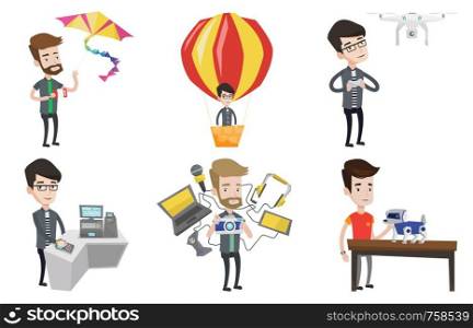 Young caucasian man flying drone with remote control. Happy man operating a drone with remote control. Man controling a drone. Set of vector flat design illustrations isolated on white background.. Vector set of people using modern technologies.