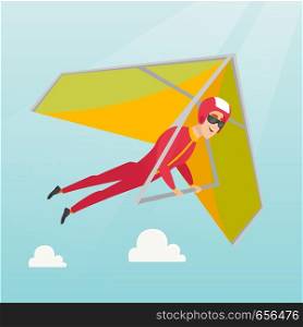Young caucasian man flying on hang-glider. Sportsman taking part in hang gliding competitions. Man having fun while gliding on deltaplane in the sky. Vector flat design illustration. Square layout.. Young caucasian man flying on hang-glider.