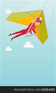 Young caucasian man flying on hang-glider. Sportsman taking part in hang gliding competitions. Man having fun while gliding on deltaplane in the sky. Vector flat design illustration. Vertical layout.. Young caucasian man flying on hang-glider.