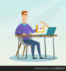 Young caucasian man getting shopping bags from a laptop. Happy man making an online order in a virtual shop. Man using a laptop for online shopping. Vector flat design illustration. Square layout.. Caucasian man getting shopping bags from a laptop.