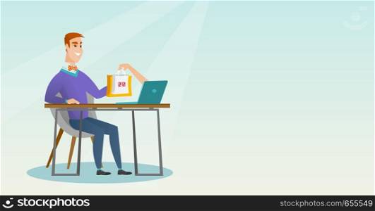 Young caucasian man getting shopping bags from a laptop. Happy man making an online order in a virtual shop. Man using a laptop for online shopping. Vector flat design illustration. Horizontal layout.. Caucasian man getting shopping bags from a laptop.