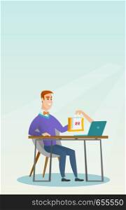 Young caucasian man getting shopping bags from a laptop. Happy man making an online order in a virtual shop. Man using a laptop for online shopping. Vector flat design illustration. Vertical layout.. Caucasian man getting shopping bags from a laptop.