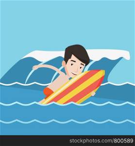 Young caucasian man having fun during execution of a move on a blue ocean wave. Happy surfer in action on a surf board. Lifestyle, water sport concept. Vector flat design illustration. Square layout.. Happy surfer in action on a surf board.