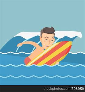 Young caucasian man having fun during execution of a move on an ocean wave. Happy surfer in action on a surfboard. Lifestyle and water sport concept. Vector flat design illustration. Square layout.. Happy surfer in action on a surfboard.