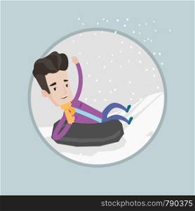Young caucasian man having fun while sledding on snow rubber tube. Man riding on snow rubber tube. Man sitting in snow rubber tube. Vector flat design illustration in the circle isolated on background. Man sledding on snow rubber tube in the mountains.