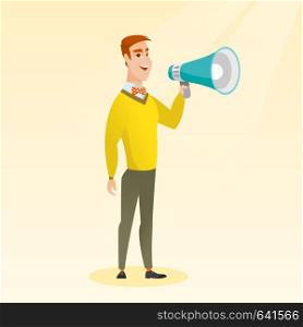 Young caucasian man holding a megaphone. Man promoter speaking into a megaphone. Man advertising using a megaphone. Social media marketing concept. Vector flat design illustration. Square layout.. Young man speaking into megaphone.