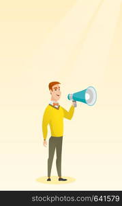 Young caucasian man holding a megaphone. Man promoter speaking into a megaphone. Man advertising using a megaphone. Social media marketing concept. Vector flat design illustration. Vertical layout.. Young man speaking into megaphone.