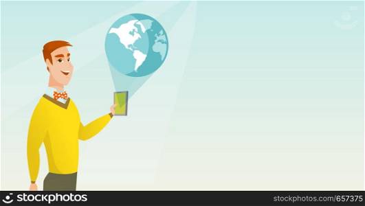 Young caucasian man holding a smartphone with a model of the planet earth coming out of the device. Concept of international technology communication. Vector cartoon illustration. Horizontal layout.. International technology communication.
