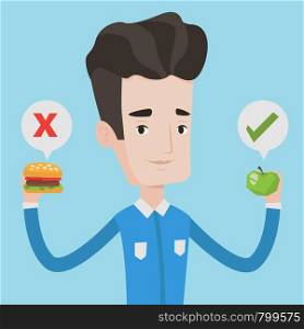 Young caucasian man holding apple and hamburger in hands. Man choosing between apple and hamburger. Man choosing between healthy and unhealthy nutrition. Vector flat design illustration. Square layout. Man choosing between hamburger and cupcake.