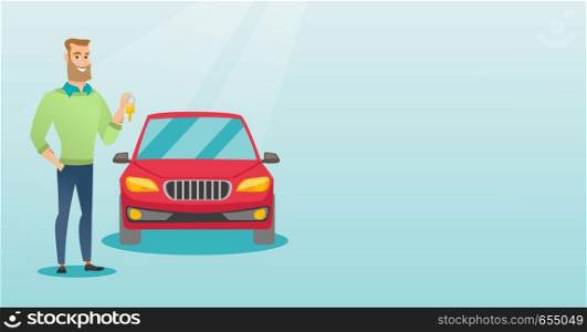Young caucasian man holding keys to his new car. Happy man showing key to his new car. Hipster man with beard standing on the backgrond of new car. Vector flat design illustration. Horizontal layout.. Man holding keys to his new car.