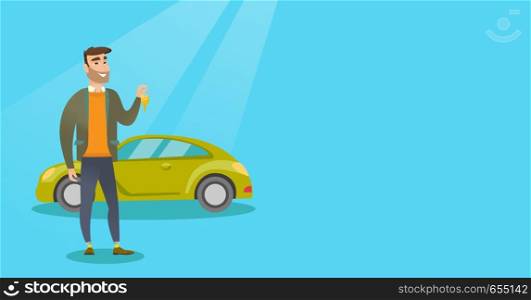 Young caucasian man holding keys to his new car. Happy man showing key to his new car. Hipster man with beard standing on the backgrond of new car. Vector flat design illustration. Horizontal layout.. Man holding keys to his new car.