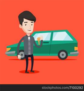 Young caucasian man holding keys to his new car. Happy man showing key to his new car. Smiling man standing on the backgrond of his new car. Vector flat design illustration. Square layout.. Man holding keys to his new car.