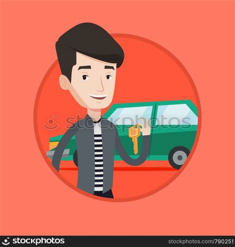 Young caucasian man holding keys to his new car. Happy man showing key to his new car. Man standing on the backgrond of new car. Vector flat design illustration in the circle isolated on background.. Man holding keys to his new car.