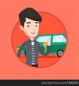 Young caucasian man holding keys to his new car. Happy man showing key to his new car. Man standing on the backgrond of new car. Vector flat design illustration in the circle isolated on background.. Man holding keys to his new car.